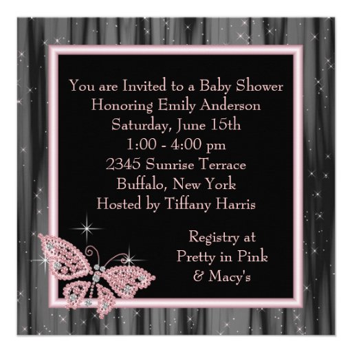 Jewel Butterfly Pink Black Baby Girl Shower Announcements