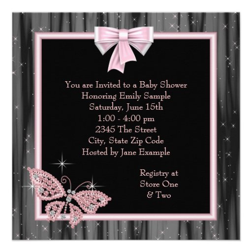 Jewel Butterfly Pink Black Baby Girl Shower Invitations