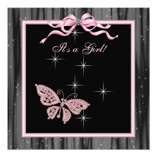 Jewel Butterfly Pink Black Baby Girl Shower Invitations