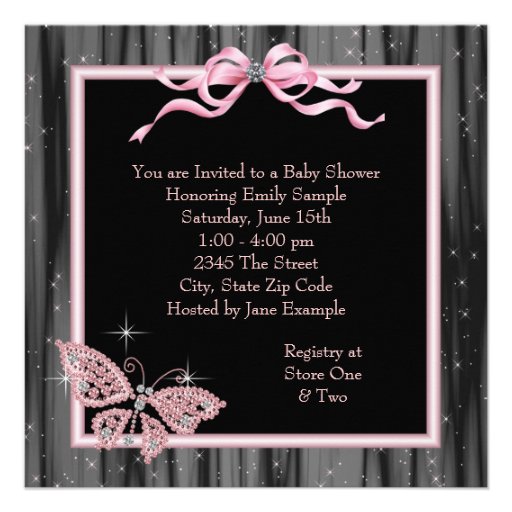 Jewel Butterfly Pink Black Baby Girl Shower Invitations