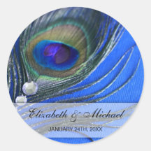 Jewel Peacock Feather Blue Wedding Favor Label Round Stickers