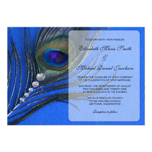 Jewel Peacock Feather Blue Wedding Invitations