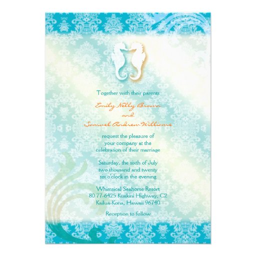 Jeweled Damask + Sea Horse, Starfish Beach Wedding Announcements