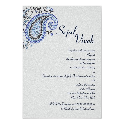 Jeweled Silver Blue Paisley Hindu Wedding Invite