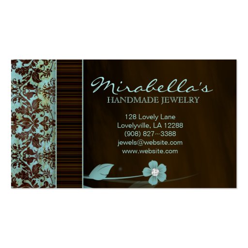 Jewelry Business Card Damask Blue Brown Diamond (back side)