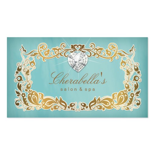 Jewelry Business Card Floral Blue Gold Frame Heart (front side)