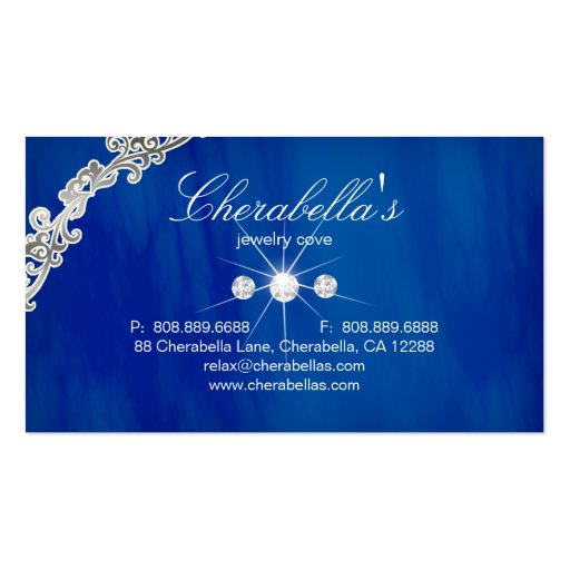 Jewelry Business Card Floral Blue Silver Diamonds (back side)