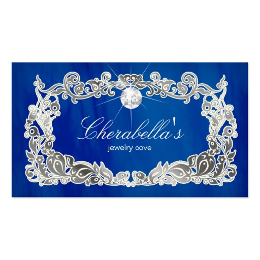 Jewelry Business Card Floral Blue Silver Diamonds (front side)