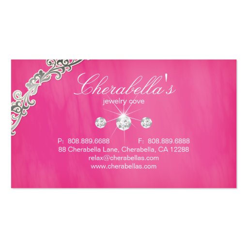 Jewelry Business Card Floral Pink Silver Diamonds (back side)