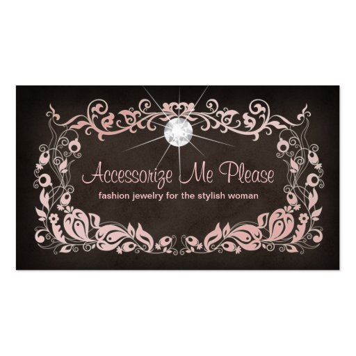 Jewelry Business Card Pink Brown Floral Frame 2 (front side)