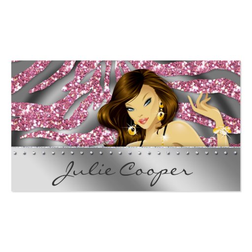 Jewelry Business Card Pink Woman Zebra Silver (front side)