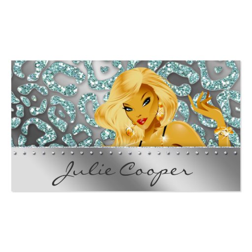 Jewelry Business Card Teal Blonde Leopard Tanning (front side)