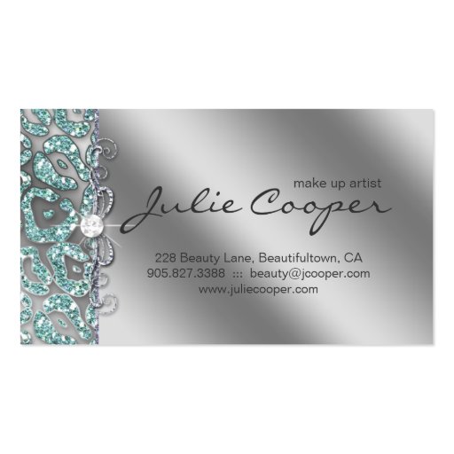 Jewelry Business Card Teal Woman Leopard Silver (back side)