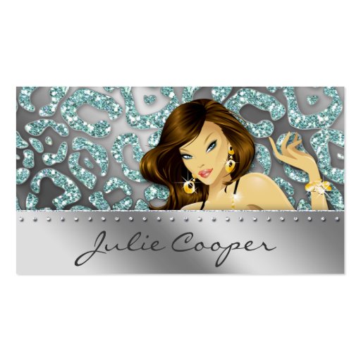 Jewelry Business Card Teal Woman Leopard Silver (front side)