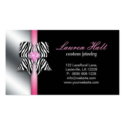 Jewelry Business Card Zebra Bow Pink (back side)