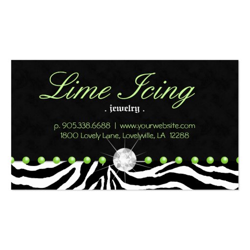 Jewelry Business Card Zebra Lime Dots Diamond (back side)