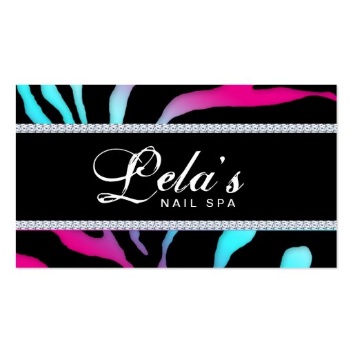 Jewelry Business Card Zebra Nail Salon Blue Pink (front side)