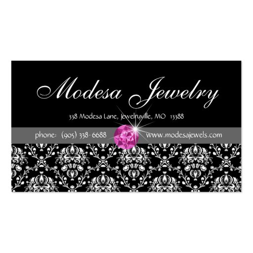 Jewelry Business Cards Birthstones Damask Pink CZ (front side)