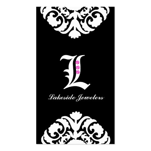 Jewelry Business Cards Damask Monogram Black 2 (front side)