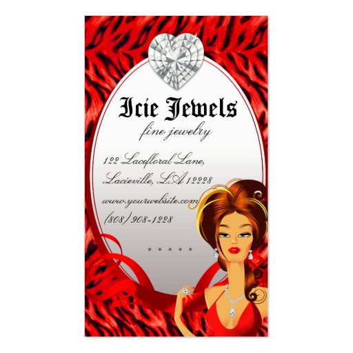 Jewelry Diamonds Red Zebra Heart Business Card Template (back side)