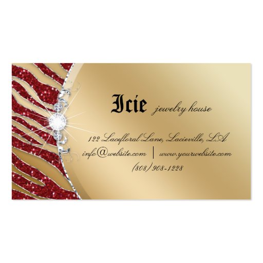 Jewelry Diamonds Red Zebra Sparkle Gold Blonde Business Card Template (back side)