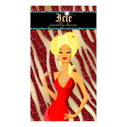 Jewelry Diamonds Red Zebra Sparkle Gold Blonde Business Card Template (front side)