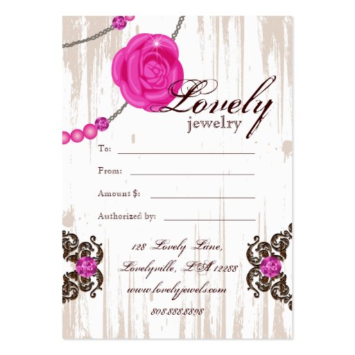 Jewelry Gift Card Rose Necklace Diamonds Pink Brow Business Card (back side)