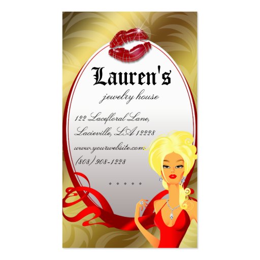 Jewelry Woman Lips ' Gold Leaves Blonde Business Card Template (back side)