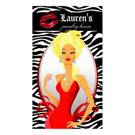 Jewelry Woman Red Zebra Lips Black Blonde Business Card (front side)