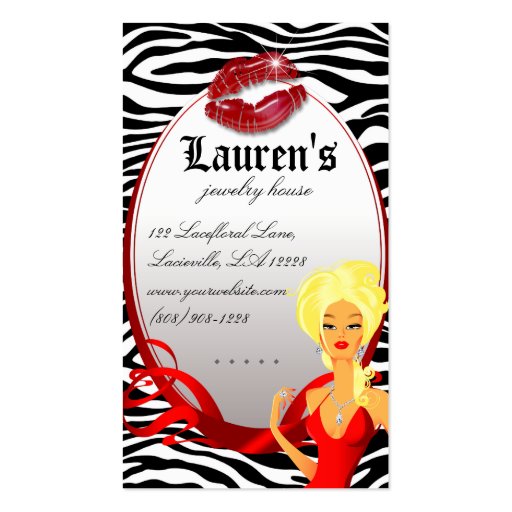 Jewelry Woman Red Zebra Lips Black Blonde Business Card (back side)