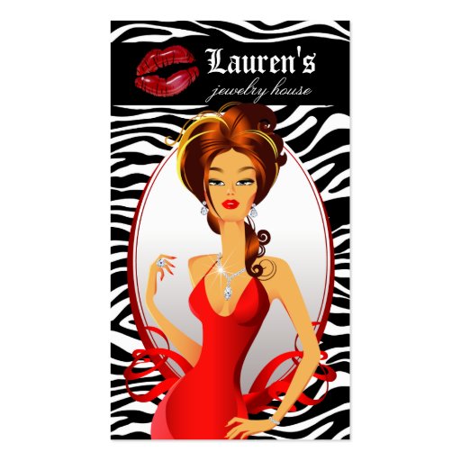 Jewelry Woman Red Zebra Lips Black Business Cards (front side)