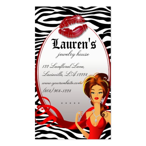 Jewelry Woman Red Zebra Lips Black Business Cards (back side)