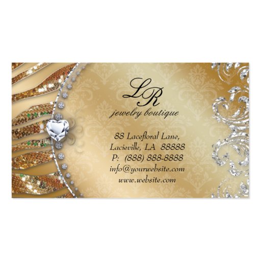 Jewelry Zebra Business Card Gold Sequins Heart (back side)