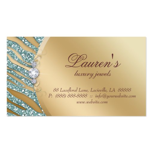 Jewelry Zebra Business Card Sparkle Teal Gold (back side)