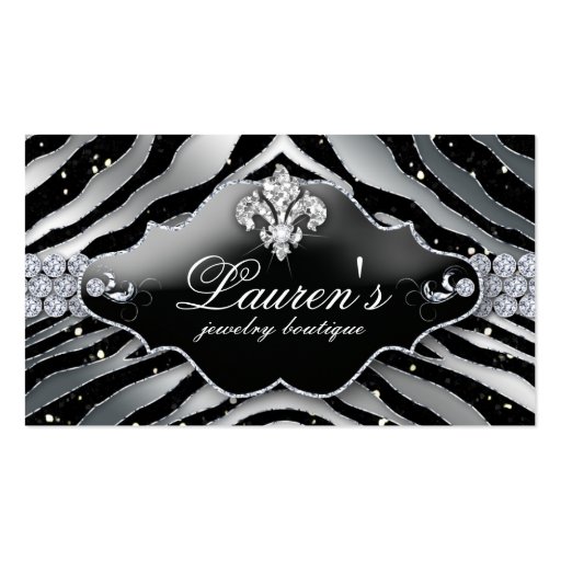 Jewelry Zebra Fleur de lis Sparkle Black Silver Business Card Template (front side)