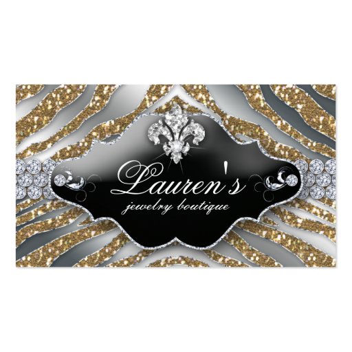Jewelry Zebra Fleur de lis Sparkle Gold Silver Business Cards (front side)