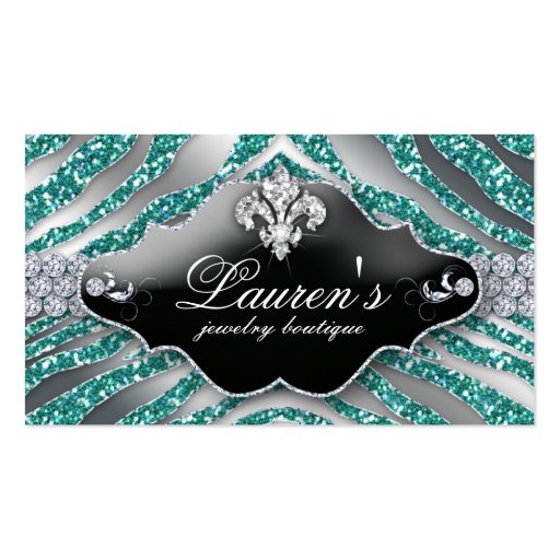 Jewelry Zebra Fleur de lis Sparkle Teal Silver Business Cards