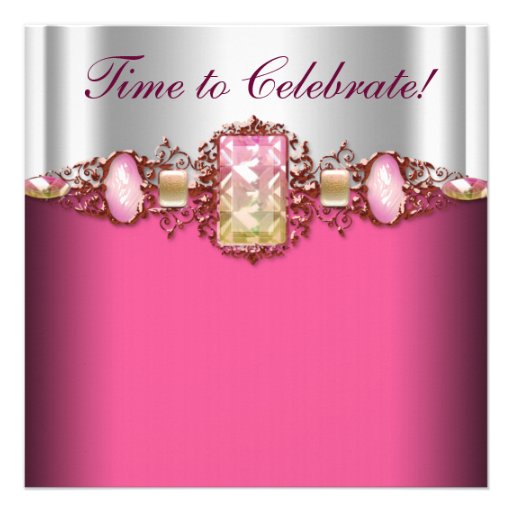 Jewels Hot Pink Gold Birthday Party Announcements