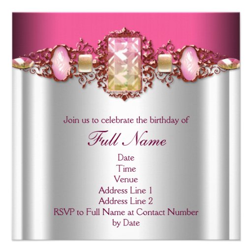 Jewels Hot Pink Gold Birthday Party Announcements