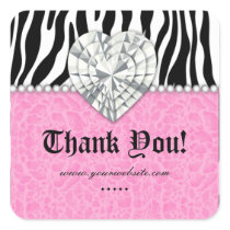 Jewels leopard Pearl Lace Heart Pink Thank You Sq Stickers