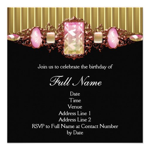 Jewels Pink Black Gold Birthday Party Custom Invitations