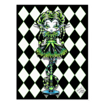 fairy, harlequin, jinxy, pixie, stick, circus, jester, joker, sideshow, freak, faerie, faery, art, mykajelina, Cartão postal com design gráfico personalizado
