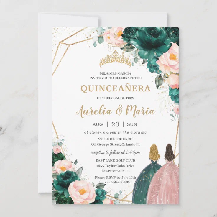 Joint Quinceañera Emerald Green Blush Floral Invitation Zazzle