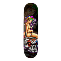 joker, female, jester, skull, head, evil, cartoon, cards, Skateboard with custom graphic design