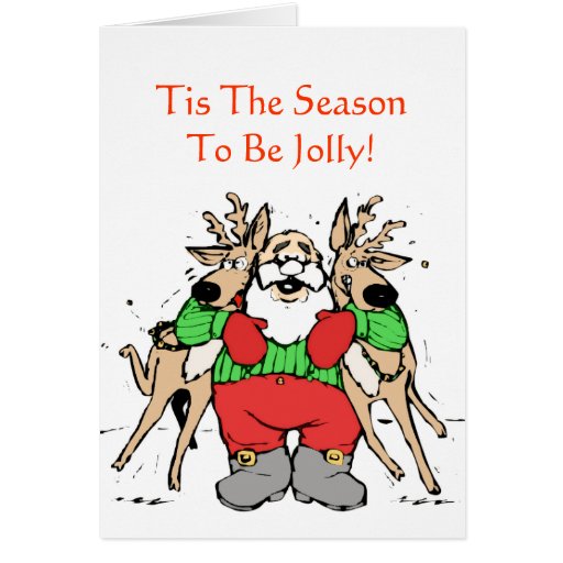 Jolly Santa Hugging Reindeer Funny Christmas Card