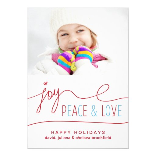 Joy Peace & Love Christmas Letter Photo Flat Card (front side)