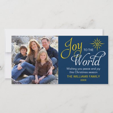 Joy to the World Religious Christmas Navy Blue Customized Photo Card