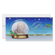 Joy to the World Snow Globe Birth Annoucement Blue photo cards