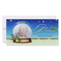 Joy to the World Snow Globe Birth Annoucement Grn photo cards
