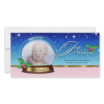 Joy to the World Snow Globe Birth Annoucement photo cards